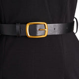 Marina | Refined black dress with belt and mandarin collar
