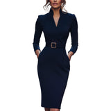 Marina | Refined black dress with belt and mandarin collar