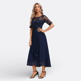 Isla - Short-Sleeve Lace Evening Dress