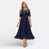 Isla - Short-Sleeve Lace Evening Dress