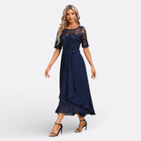 Isla - Short-Sleeve Lace Evening Dress