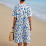 Ivy - Ivory Dress with Porcelain Blue Floral Accents