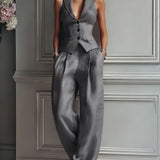 Women's Two-Piece Set with V-Neck and Buttons