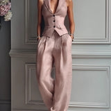 Women's Two-Piece Set with V-Neck and Buttons