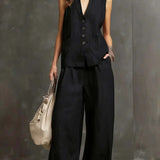 Two-Piece Cotton and Linen Set with Sleeveless Waistcoat and Wide-Leg Trousers