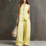 Two-Piece Cotton and Linen Set with Sleeveless Waistcoat and Wide-Leg Trousers