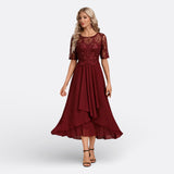 Isla - Short-Sleeve Lace Evening Dress