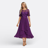 Isla - Short-Sleeve Lace Evening Dress