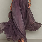 Flavia | Long purple dress with keyhole neckline, chiffon lace trim