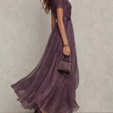 Flavia | Long purple dress with keyhole neckline, chiffon lace trim