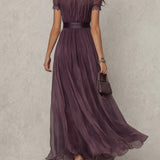 Flavia | Long purple dress with keyhole neckline, chiffon lace trim