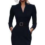 Marina | Refined black dress with belt and mandarin collar