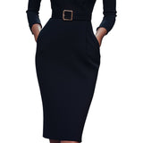 Marina | Refined black dress with belt and mandarin collar